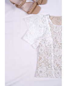 Lace Overlay Frill Sleeve Lace Trim Top (White)